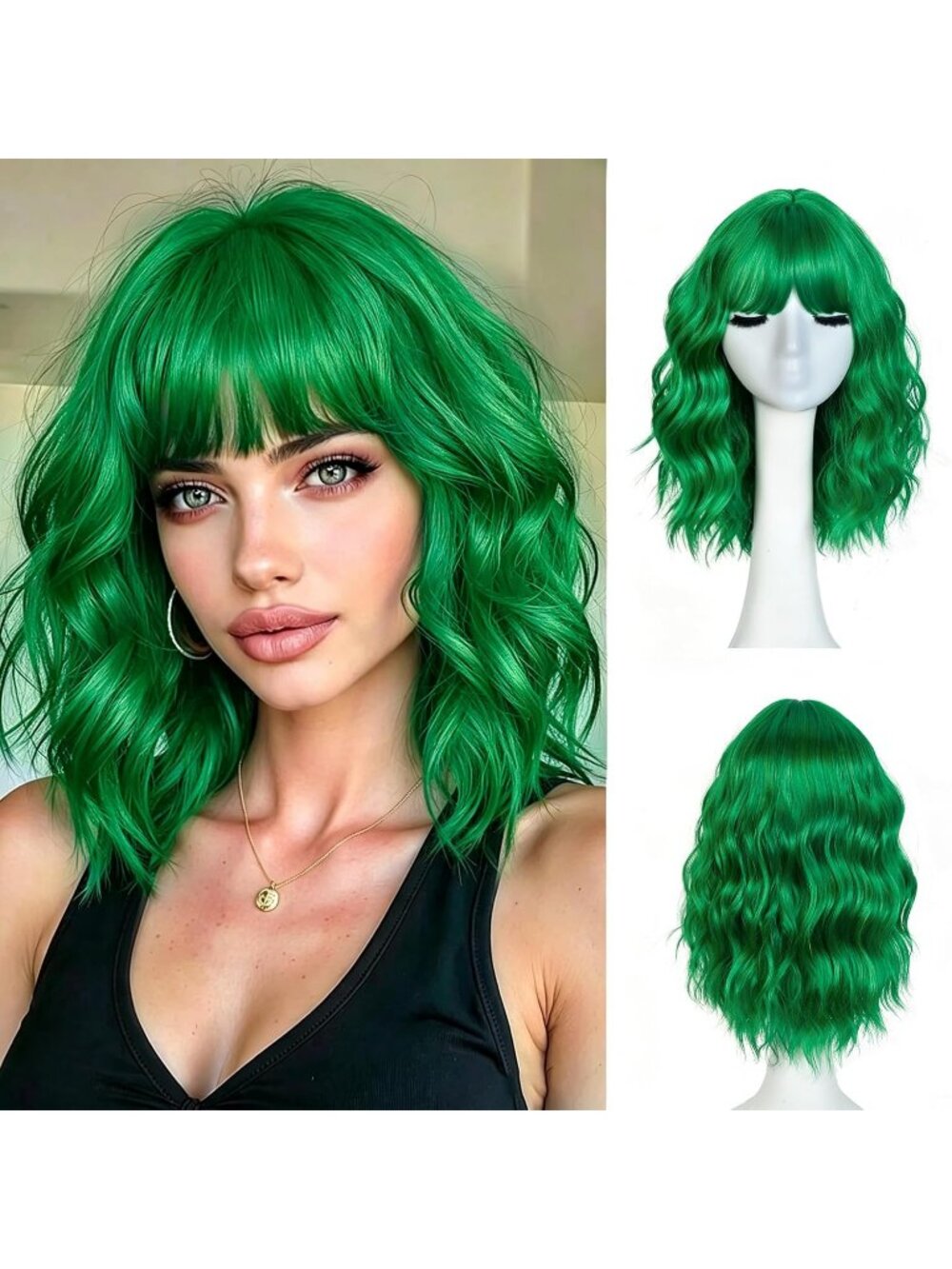 Women's Green 14 Inch Natural Synthetic Short Curly Wavy Fiber Wigs